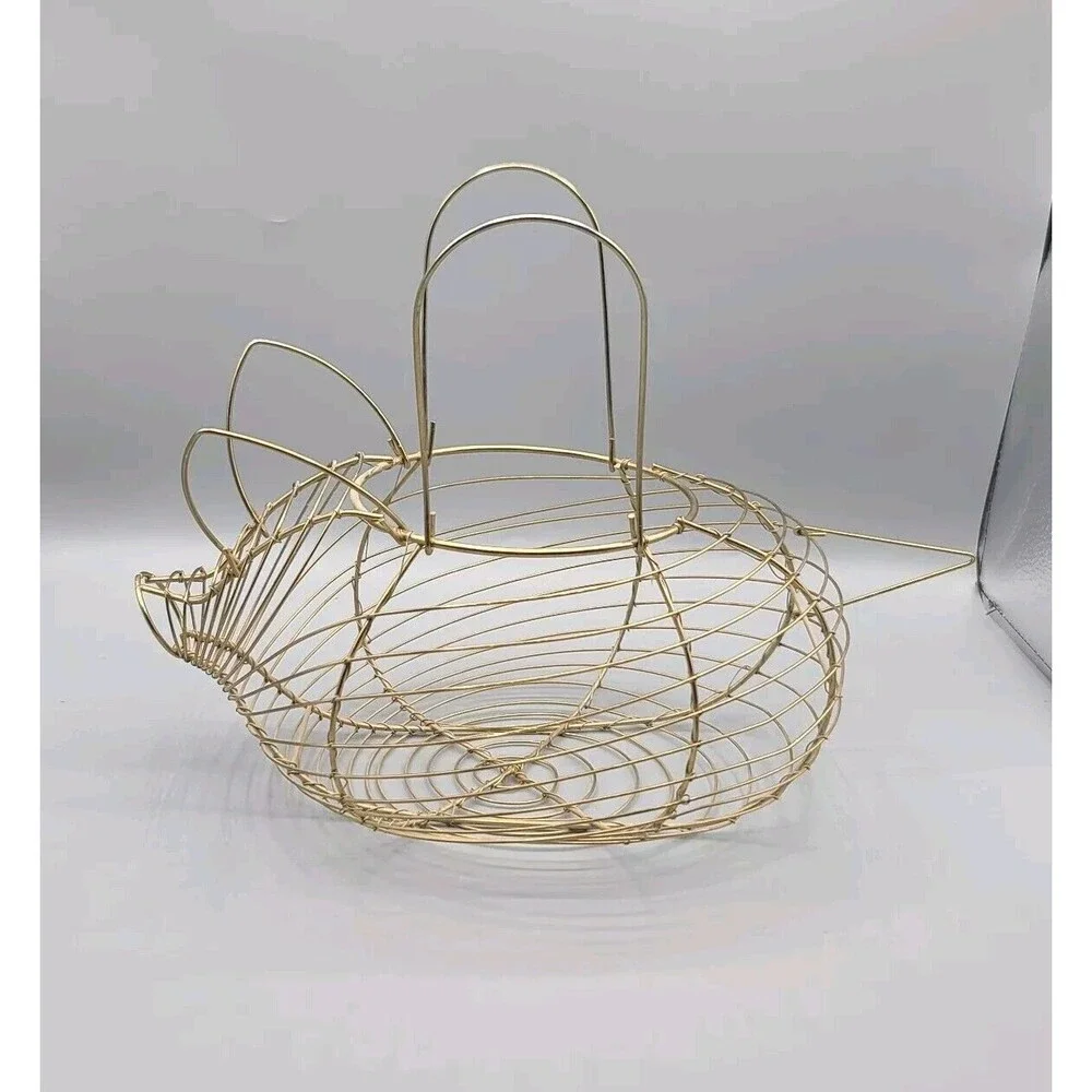 Vintage Pig Shaped Egg Basket Made of Gold Tone Metal Wire Farm House Decor